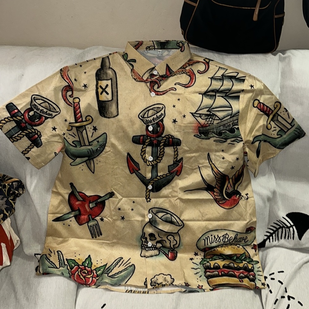 Men’s tan button down with various designs anchor ship shark skull heart XL